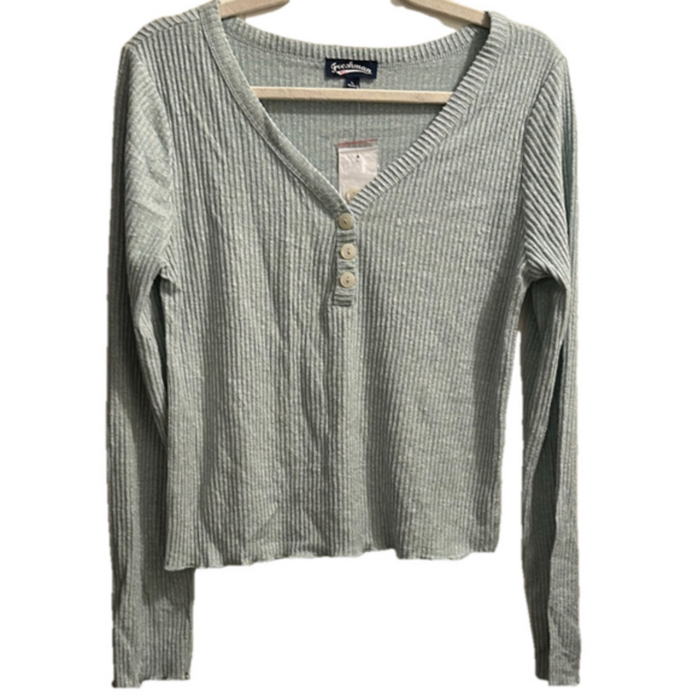 Freshman Light Mint Green Ribbed Blouse with Long Sleeves